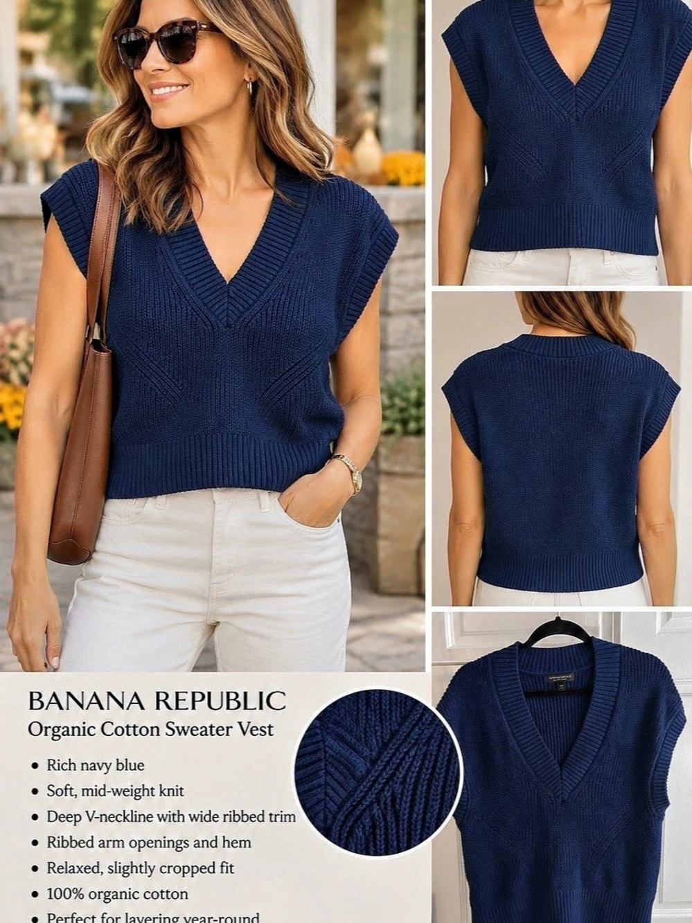 Banana Republic Organic Cotton V-Neck Cropped Sweater Vest Blue XS
